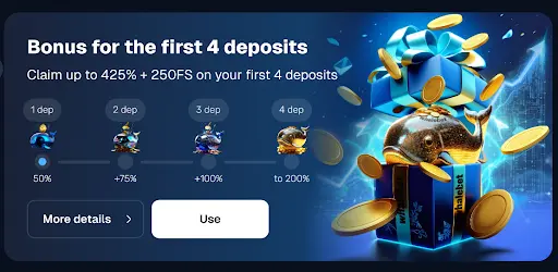 Bono hasta 425% + 250 giros en los primeros cuatro depósitos