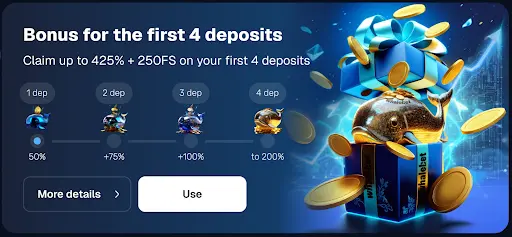 “Promoción de bienvenida con 4 depósitos” “Bono hasta 425% y 250 giros en los primeros 4 depósitos”