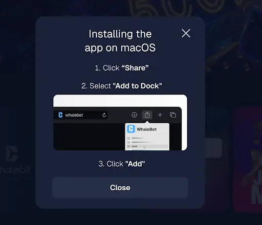 “Instrucciones de instalación en macOS: añadir a Dock” “Guía para instalar la aplicación WhaleBet en macOS”