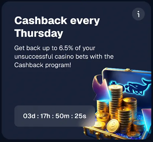 Cashback de casino disponible cada jueves hasta 6,5%