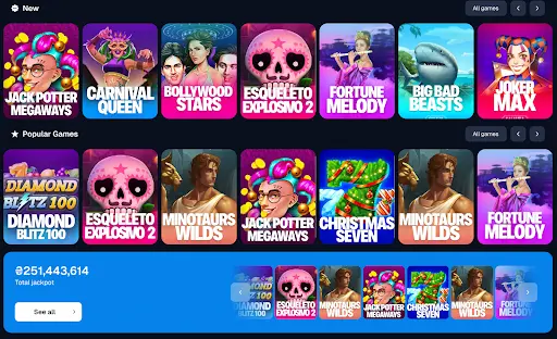 “Casino en línea – Nuevos y populares juegos de tragamonedas” Vista del lobby de casino en línea con tragamonedas populares y nuevos juegos como